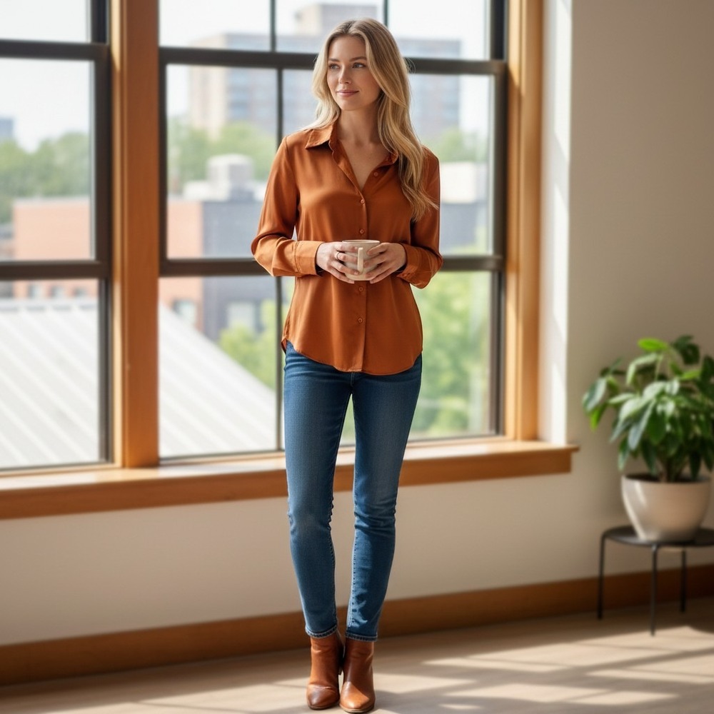 Talbots Button Down Shirt Womens 8P Orange Silk Stretch Long Sleeve Blouse